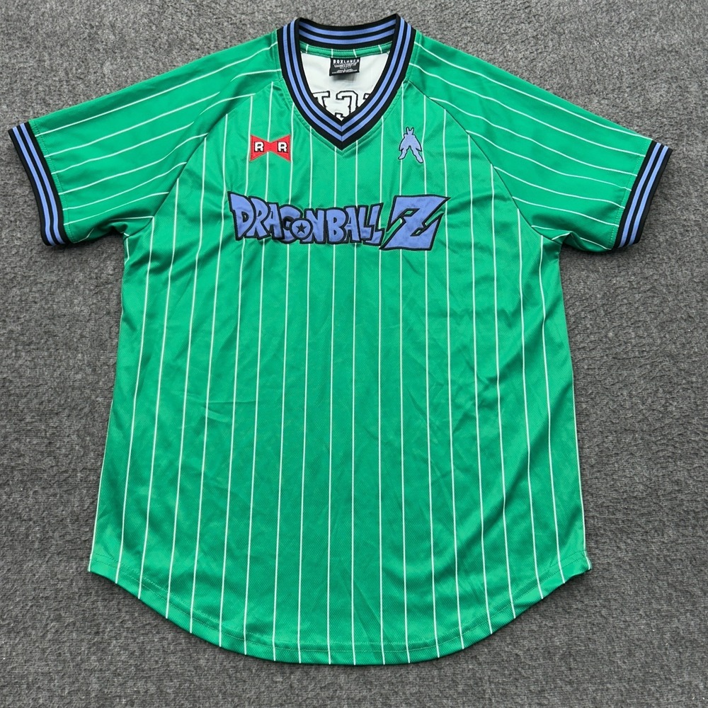 Dragon Ball Z BoxLunch Jersey Mens L Green Perfect Cell Pinstripe Baseball Shirt